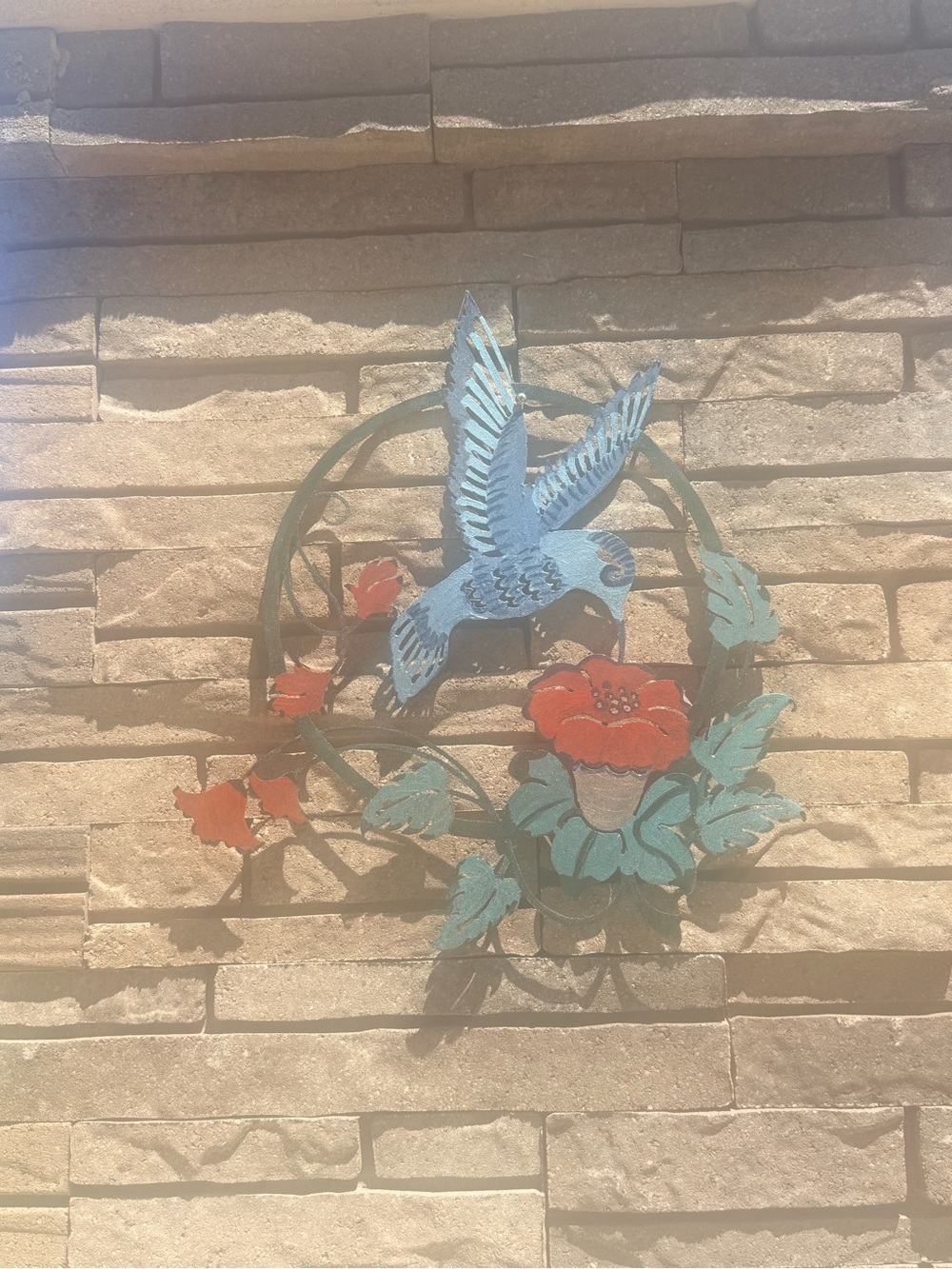 Handcrafted Blue Bird and Red Flower Metal Wall Decor